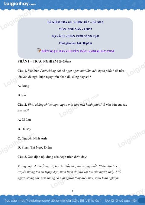 Đề thi giữa kì 2 Văn 6 Chân trời sáng tạo - Đề số 3